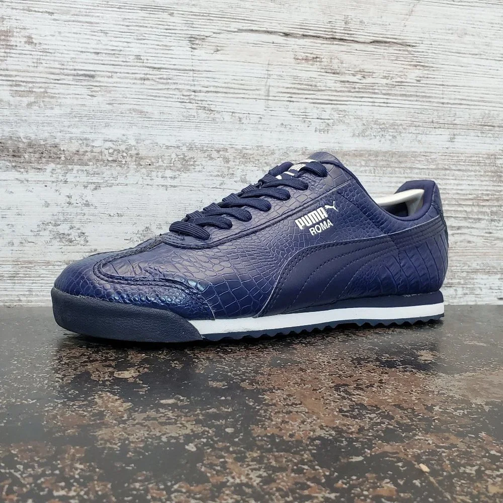 Puma Roma Athletic Shoes Sz 7.5 Used 362829 01 Blue Reptile Texture Leather